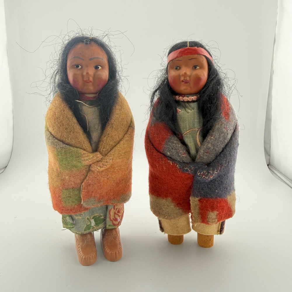 Vintage Skookum Bully Good Indian Dolls Lot of 2 Antique 7 Inch Native American